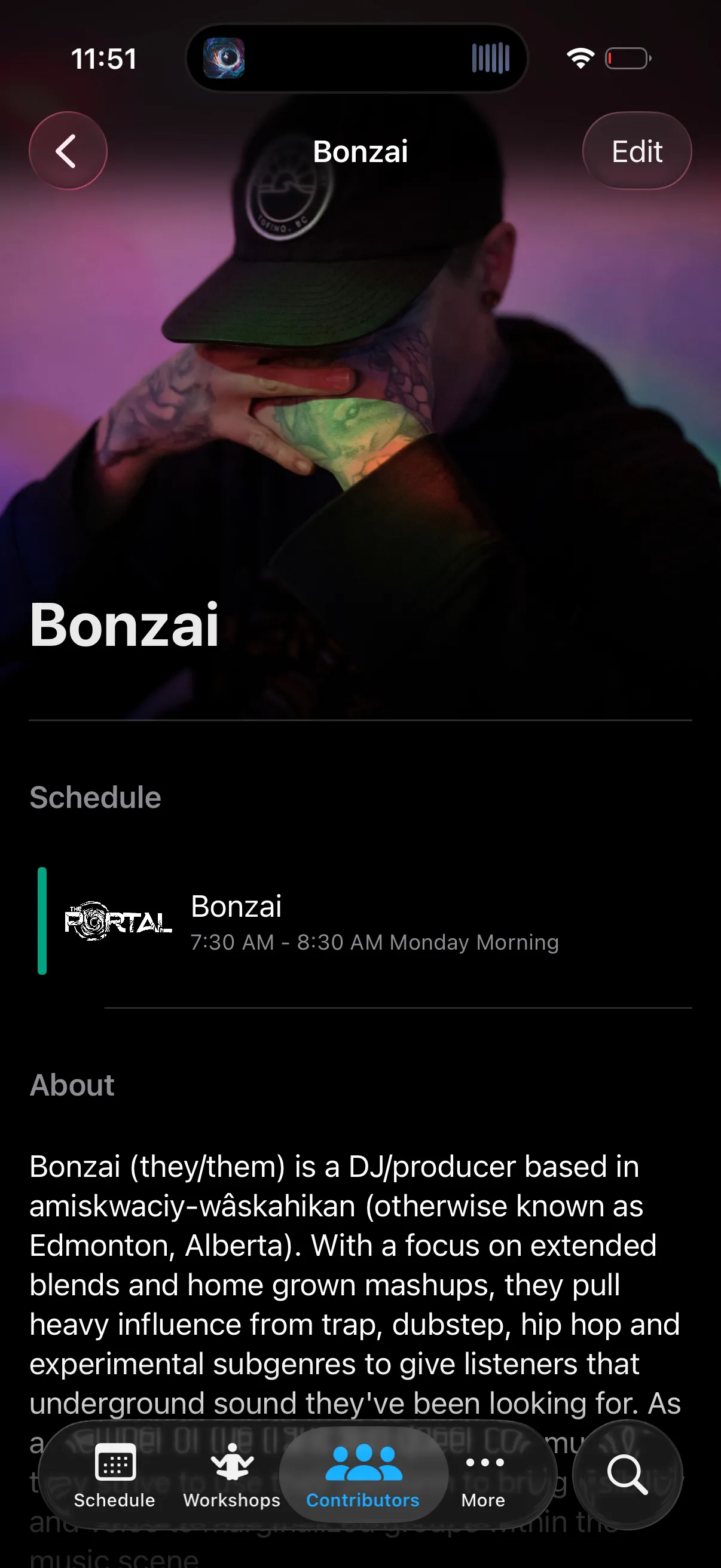 The contributor profile for the artist Bonzai in the Wicked Woods App. It shows his hero image, when he played, and his bio.
