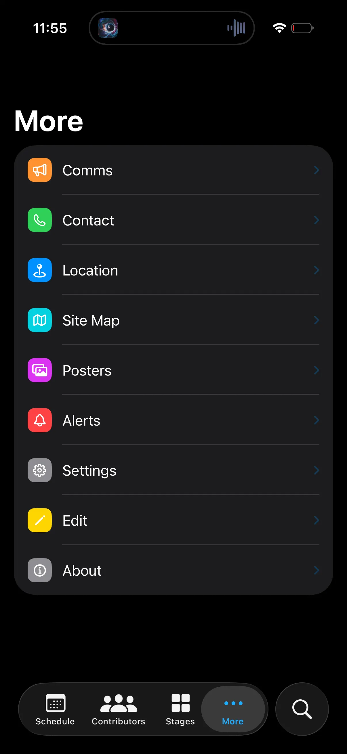 A screenshot of the More tab in Open Music Event. This shows all the features that they have hydrated for the 2025 events. Comms, contact info, festival location, festival site map, posters, settings, edit and about.