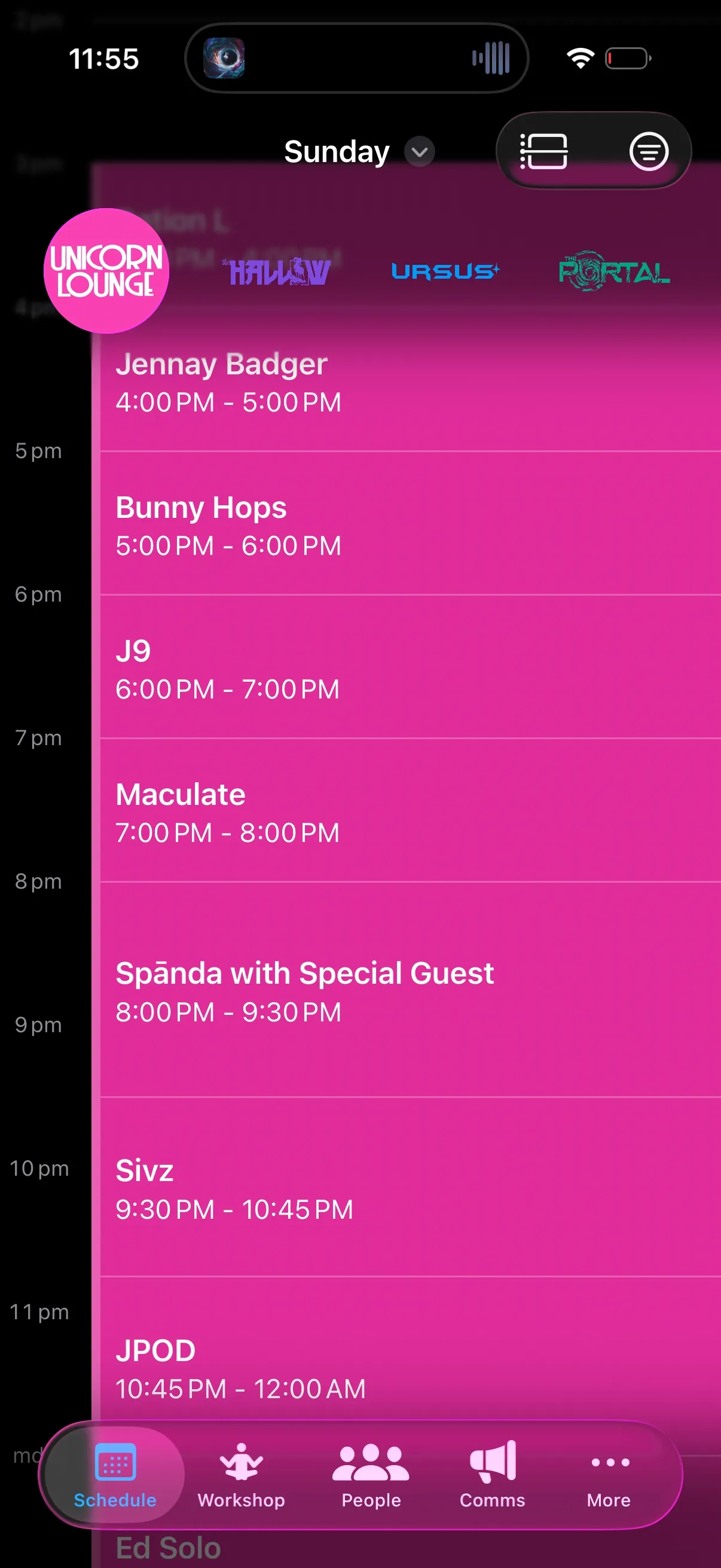 The schedule tab of OpenMusicEvent, showing the Sunday 2025 performance calendar of the Unicorn Lounge stage at Wicked Woods music festival.