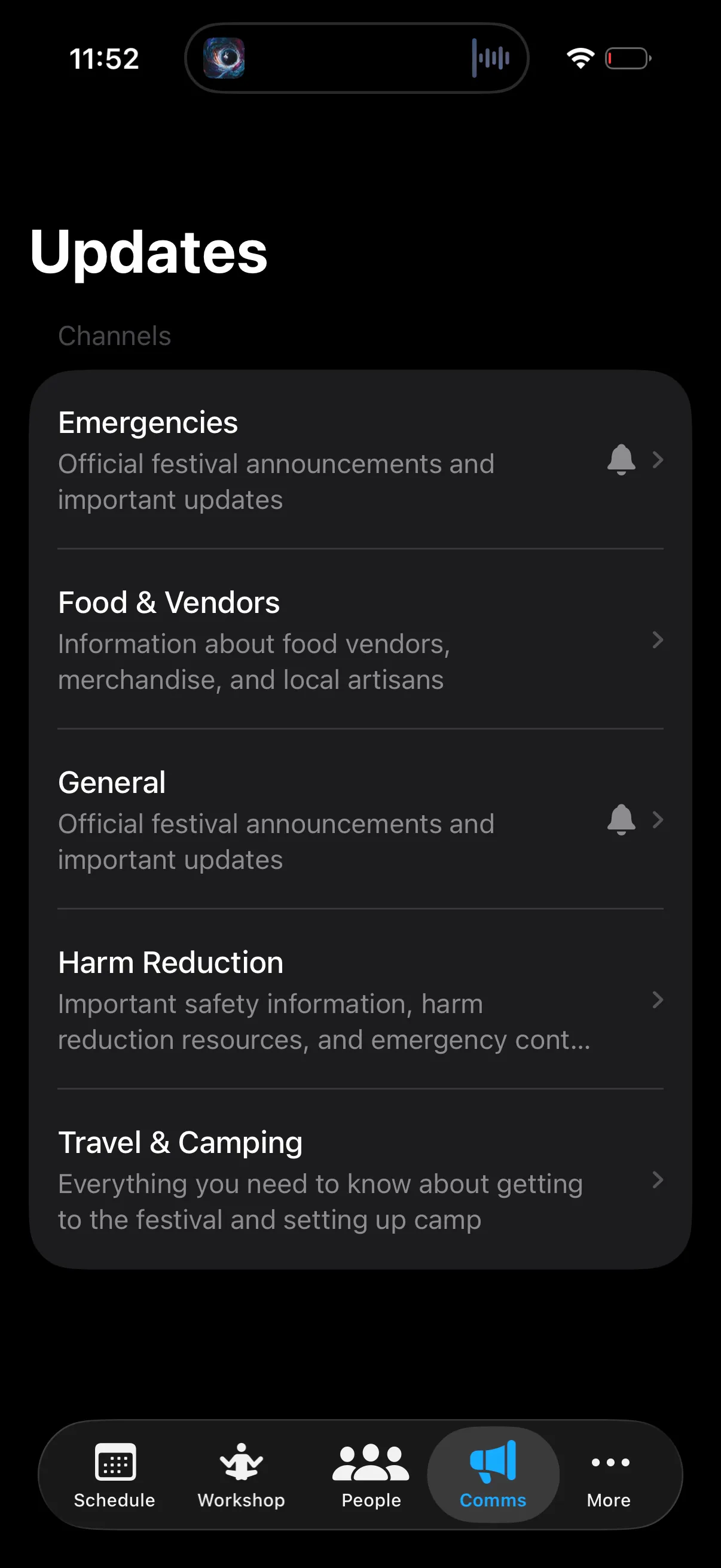 A screenshot of the Comms tab in the Open Music Event, showing the channels that were used by wicked woods to communicate to their attendees. The General and Emergency channels have a notification bell, indicating that the user receives push notifications for posts in that channel.